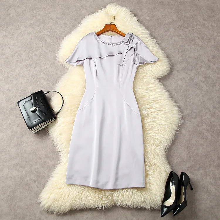 

European and American women's clothes 2023 spring new Beaded round neck ruffled edge Short sleeve solid color Fashion dress