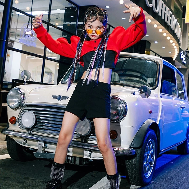 

Girls Jazz Dance Clothes Modern Street Dance Stage Costumes Kids Hip Hop Red Tops Black Vest Shorts Catwalk Show Outfits