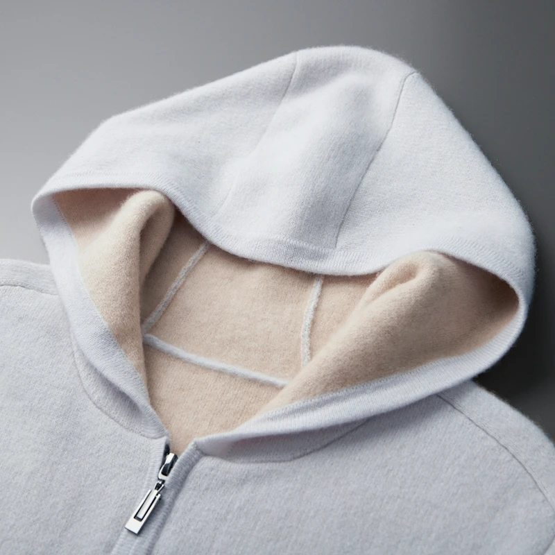 A-class 100% Pure Cashmere Coat Men's Zipper Hooded Knitted Cardigan Autumn Winter New Item Thick Air Layer Shirt Warm Menswear 3