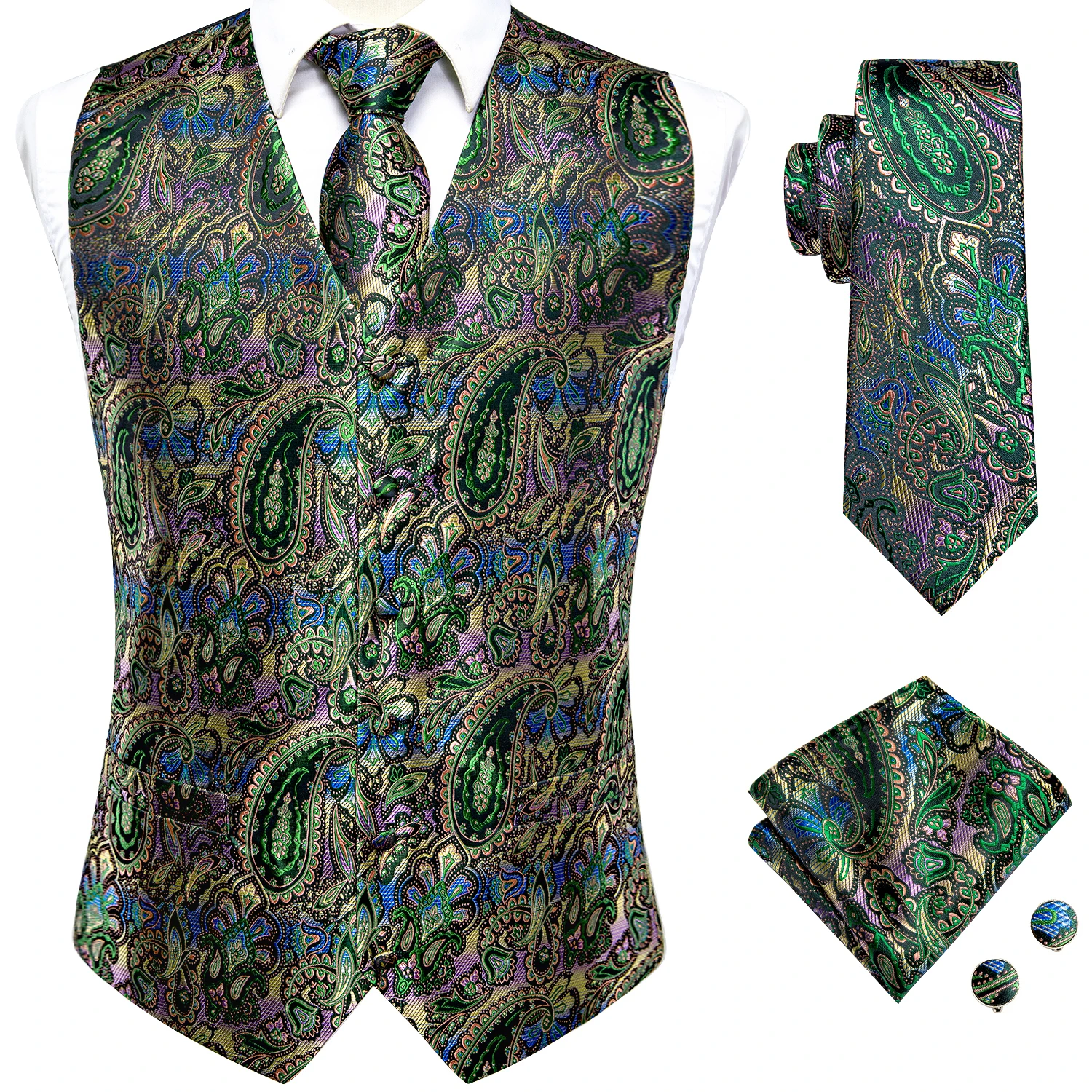 Hi-Tie Green Silk Mens Shirt Vest Tie Hanky Cufflinks Jacquard Paisley Floral Male Blouse Waistcoat Wedding Party Business Gift