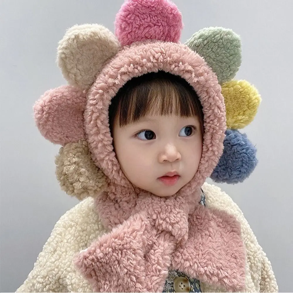 

Childrens Plush Flower Hats Scarves Integrated Ear Protection Neck Warmer Baby Lace Up Scarf