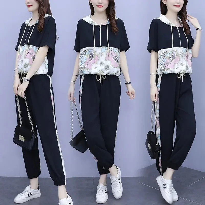 2022 Summer New Fashion Suit Female Korean Casual Loose Short Sleeve Hooded  T-shirt Tops Straight Pants Two Piece Set For Women