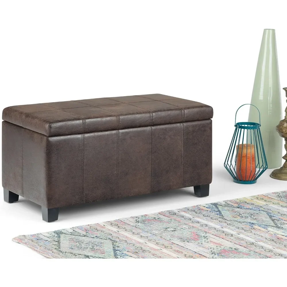 

36 Inch Wide Rectangle Lift Top Storage Ottoman Bench in Upholstered Distressed Brown Faux Leather Foot Stool Freight free