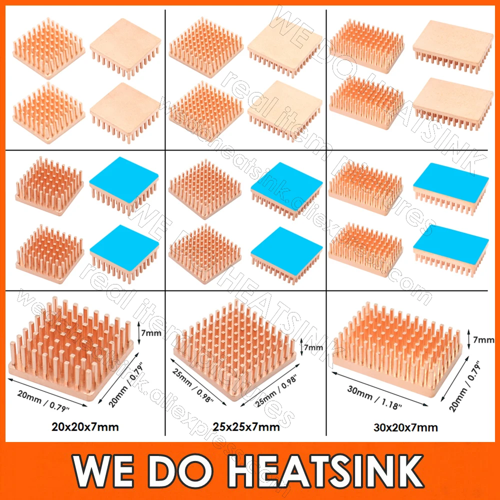 Nós Fazemos Dissipador de Calor 20x20x7 mm 25x25x7 mm 30x20x7 mm sem ou com Almofada Térmica Várias Opções de Tamanho de Cobre da Forma