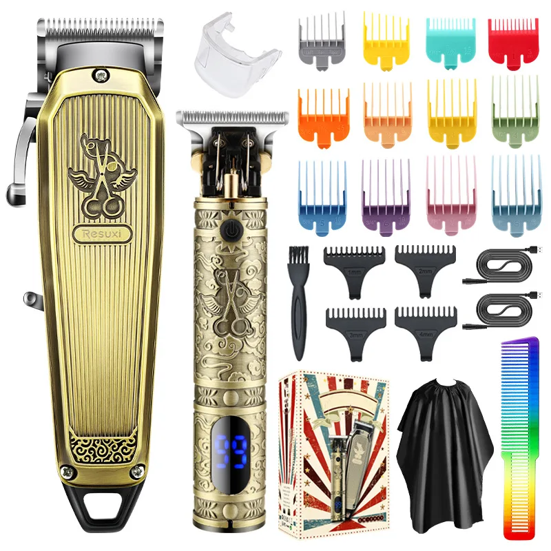 New Professional electric hairdresser LCD high-power engraving push white electric push shear two in one combination suit 2023 professional electric men s hair clipper shaver beard trimmer household large screen digital engraving push shear