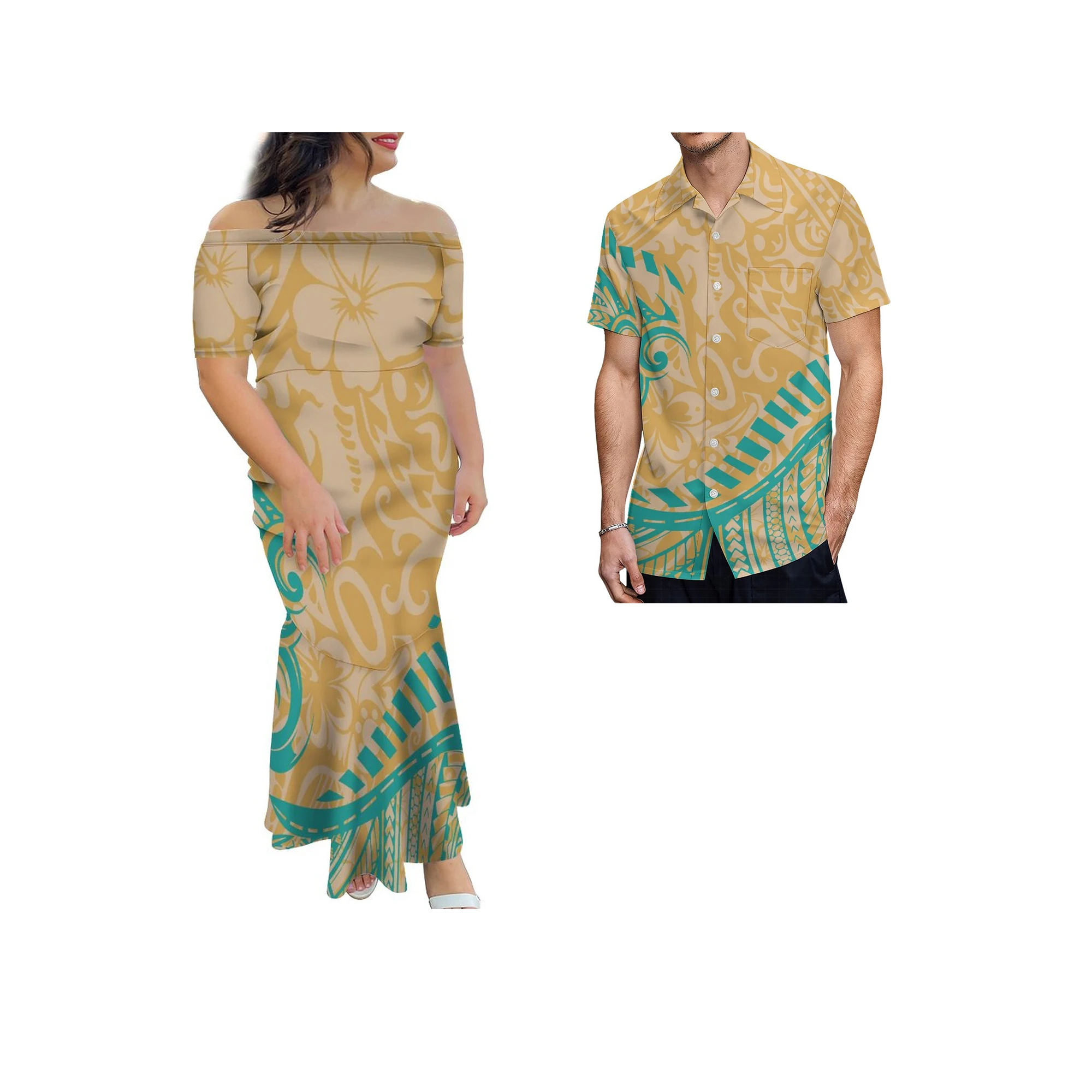 

2023 New Custom Polynesian Print Fishtail Dresses Samoa Tribal Tatau Maxi Evening Dresses Match Mens Shirts