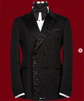 Glitter Jewelry Embroidered Tuxedos Men Suit 2 Pieces Sets trajes para hombre Double Breasted Groom Prom Blazers Customized