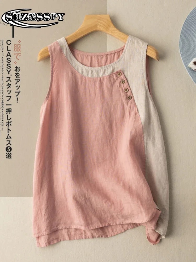 

Майка женская из хлопка и льна, жилет на пуговицах в стиле ретро, повседневный топ с прострочкой, с круглым вырезом, без рукавов, на лето