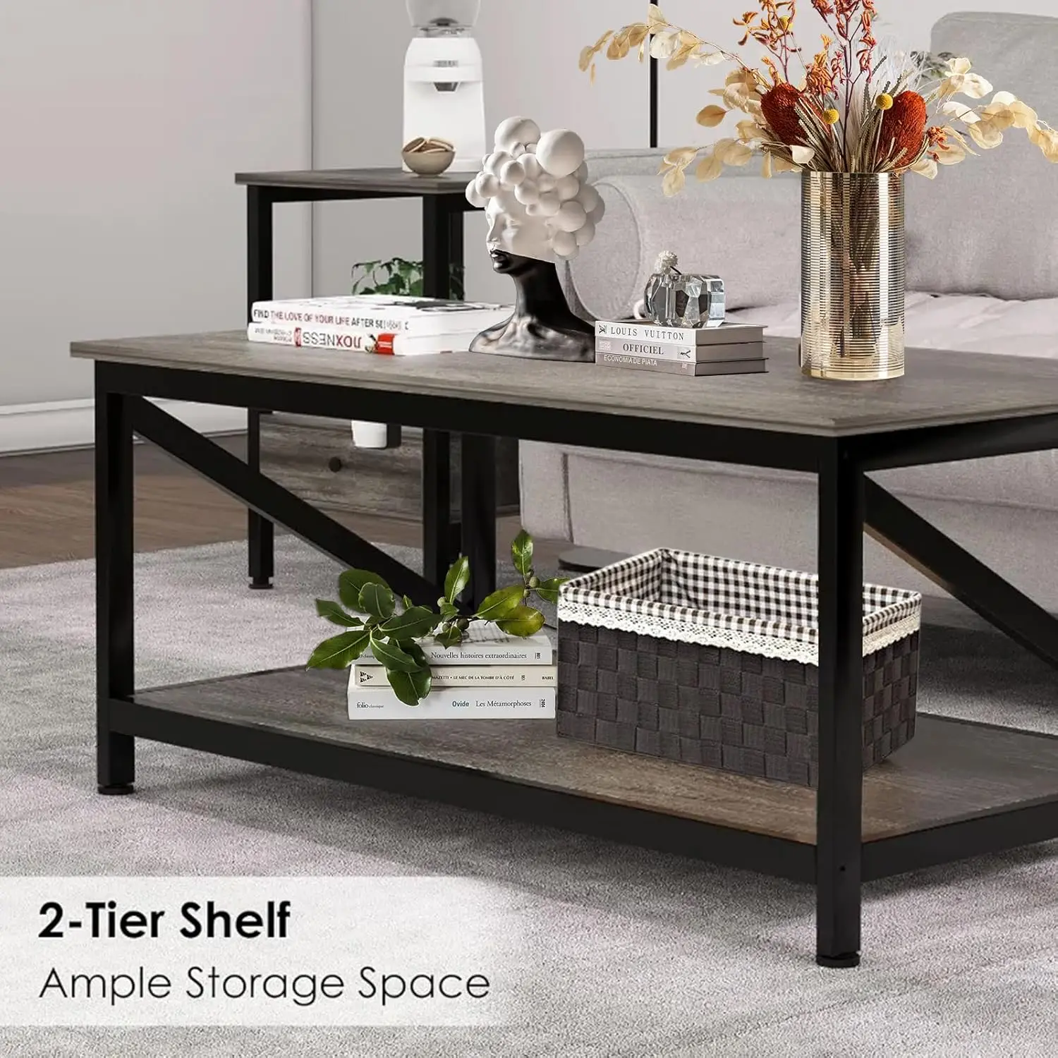 طاولة قهوة مع رف تخزين ورف تخزين من طبقتين، أثاث خ...