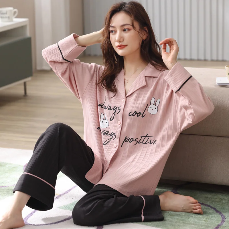 Pajamas women's cardigan Lapel long sleeved trousers sweet and lovely cartoon autumn and winter home clothes