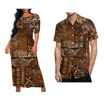 2024 Polynesian New Ladies Puletasi Custom Matching Men'S Shirt Samoa Vintage Art Maxi Dress Set Samoa Couple Set