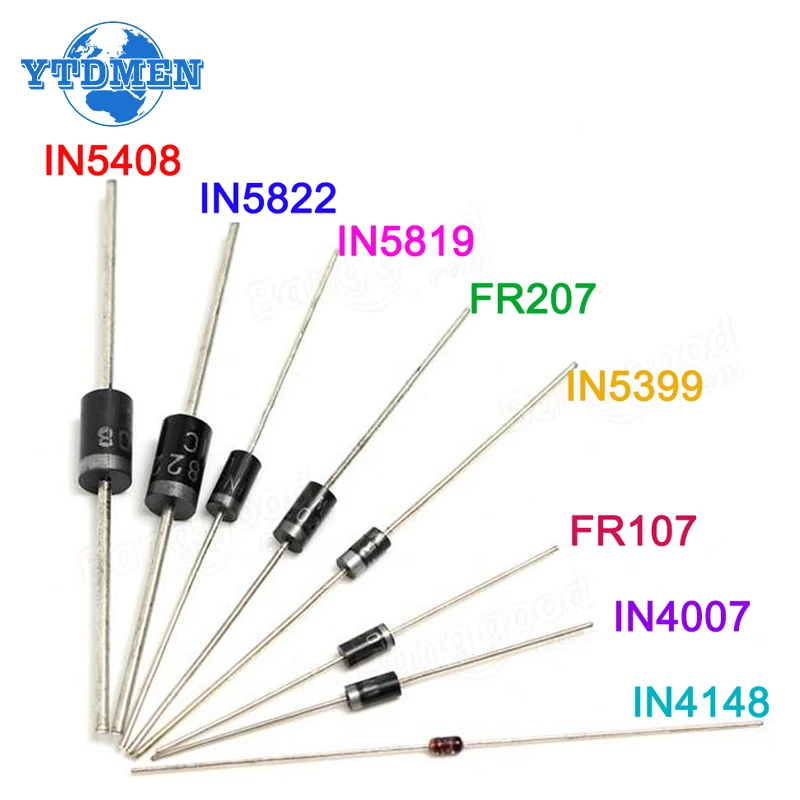 Conjunto rectificadores manualidades, Kit surtido de componentes electrónicos, 1N4007, 1N5819, 1N5399, 1N5408, 1N5822, FR107, FR207, 100 unids/lote|Rectificadores| - AliExpress