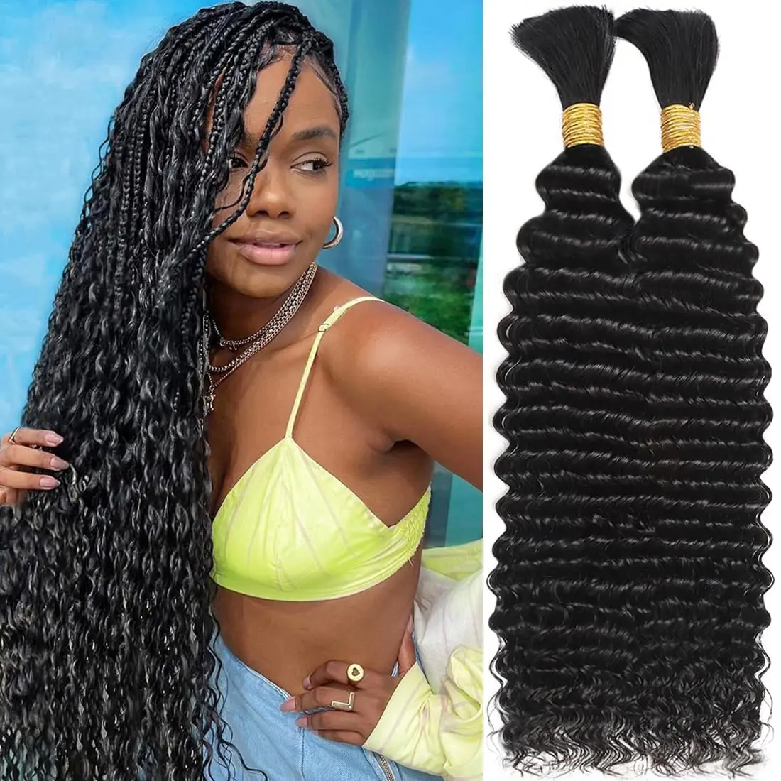 110g Deep Wave Bulk Human Hair for Braiding Knotless 12A Unprocessed Brazilian Virgin Hair Extensions Bulk Bohemian 2 Bundles