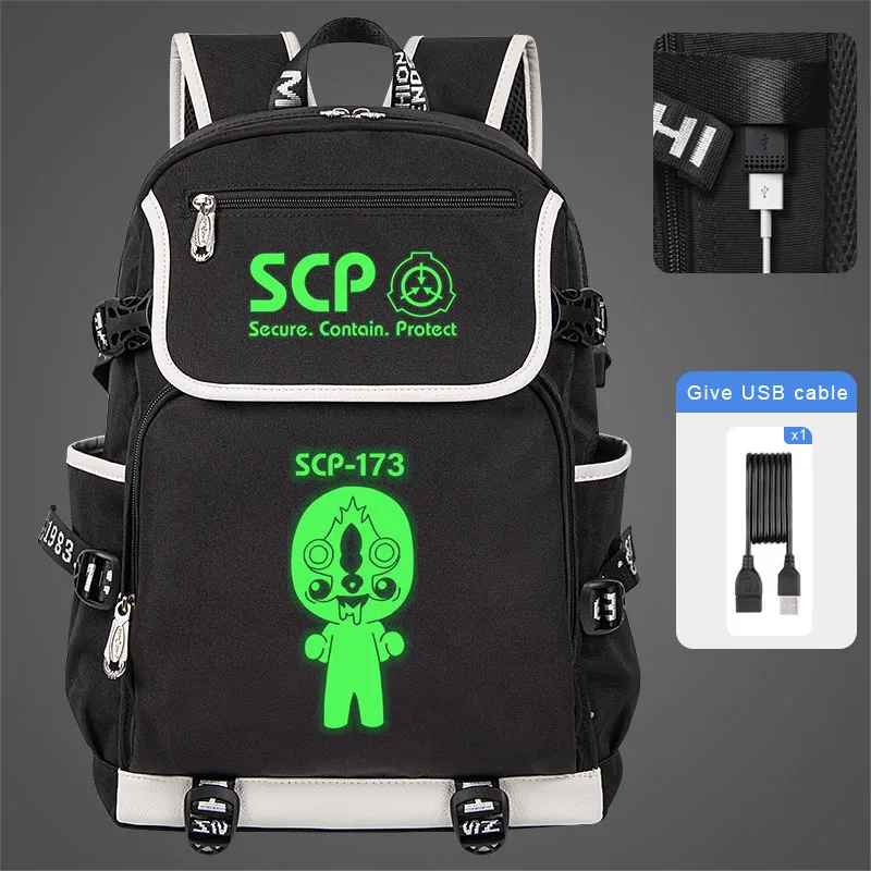 

High quality SCP Green Fluorescent Luminous backpack SCP Foundation Children School bag USB Large capacity Boy Girl Schoolbag