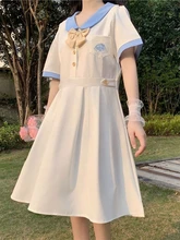 

QWEEK Japanese Sweet Kawaii Dress Women Preppy Style School Cute Short Sleeve Dresses Korean Fashion 2022 Summer Kpop Bow