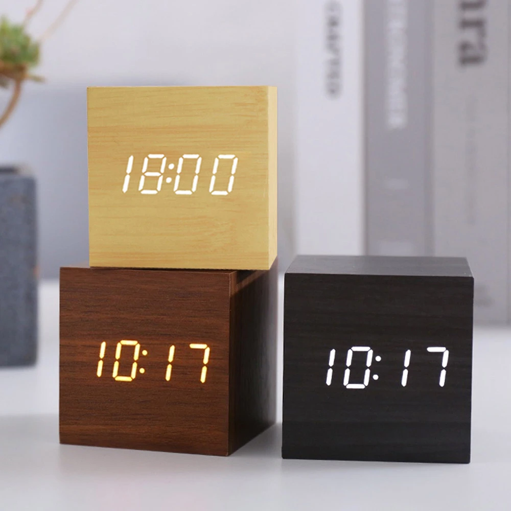 Wooden Digital Clock Mini Cube LED Display Desk Alarm Clock USB/Battery