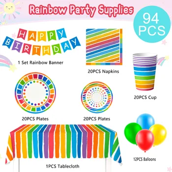 Rainbow Party Supplies,94pcs Party Decorations&Tableware Set-Rainbow Party Plates Napkins Cups & Rainbow Balloons Banner etc 6
