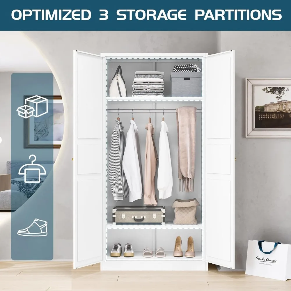 Wardrobe Closet with 2 Doors, 72" Metal Clothing Storage Cabinets with Hanging Rod, Bedroom Armoires Laundry Room and Office Cl 3