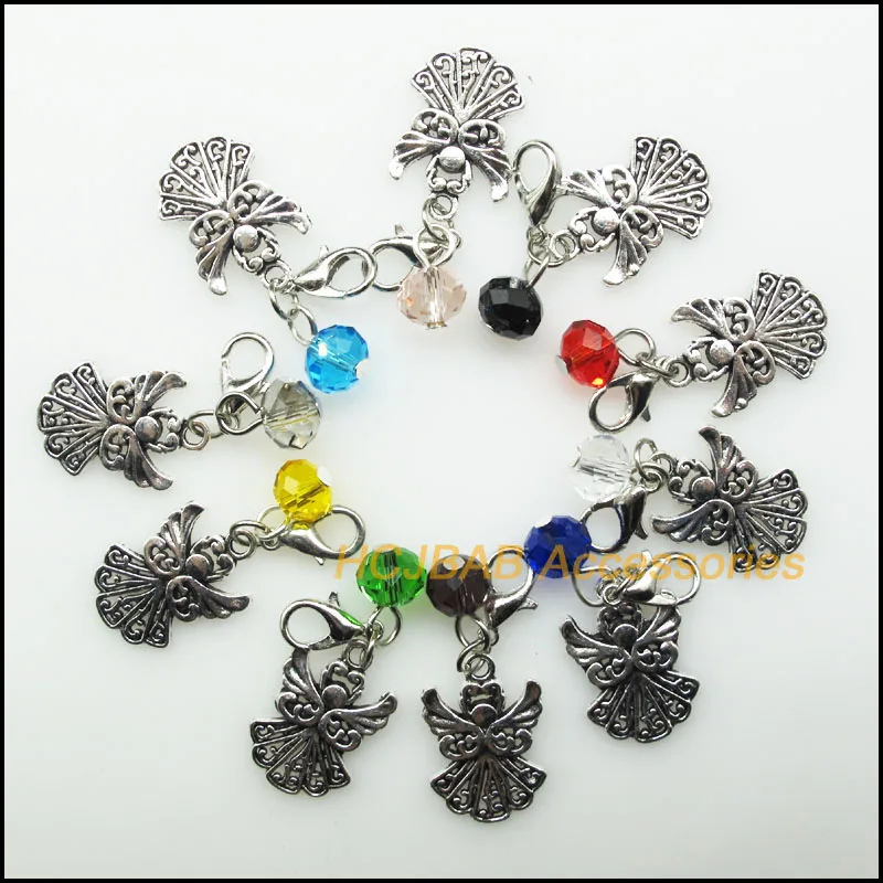 

10Pcs Mixed Round Crystal Antique Silver Color Beauty Angel with Clasp Charms Pendants 14x20mm