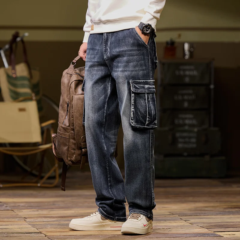 Autumn and winter new styles Men's outdoor multi-pocket cargo jeans Straight loose casual stretch fashion jeans for men 4