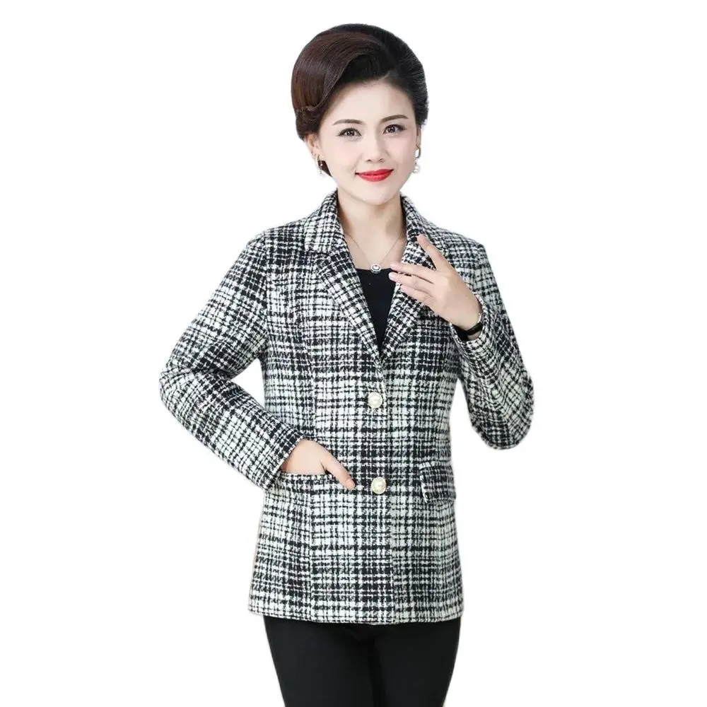 Mom Spring and Autumn Short Fashion Plaid Coat Middle-aged And Old Women Autumn And Winter Plus Size Casual Western Suit 5XL.