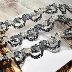Elegant Embroidered Floral Lace Trim for Crafting and Sewing - 3.5cm Wide, 1 Yard (Dark Blue)