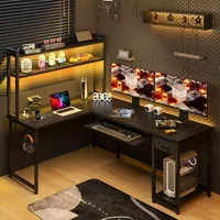 59" Reversible L-Shaped Gaming Desk with Power Outlets & LED Lights, Storage Drawer & Keyboard Tray, Computer Desk with Hutch 1