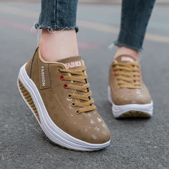 Ladies Casual Sports Shoes Breathable Comfortable Wedge Heel Thick Sole Sneakers Lace-up shoes