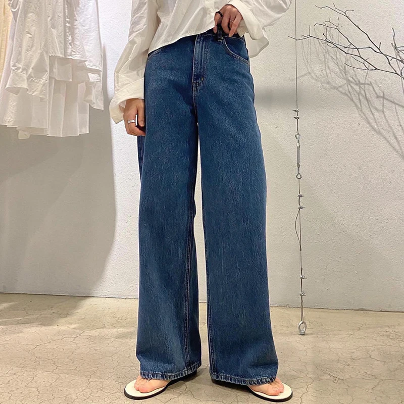 High Waist Wide Leg Denim Jeans Women's Vintage Chic Waed Blue One Button Design Loose Fit Autumn Straight Tube Trousers