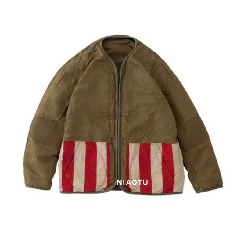 

22aw Vintage Zipper V-Neck Stripe Jacket Color Contrast Casual Loose Liner Men and Women Breathable Cotton Coat New Arrival