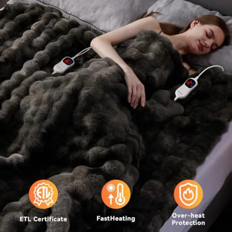 Heated Blanket Throw with 1 2 4 6 8 Hours AutoOff Feature 10 Adjustable Heat Levels 90'' x 100'' Cozy Faux Rabbit Fur Texture E