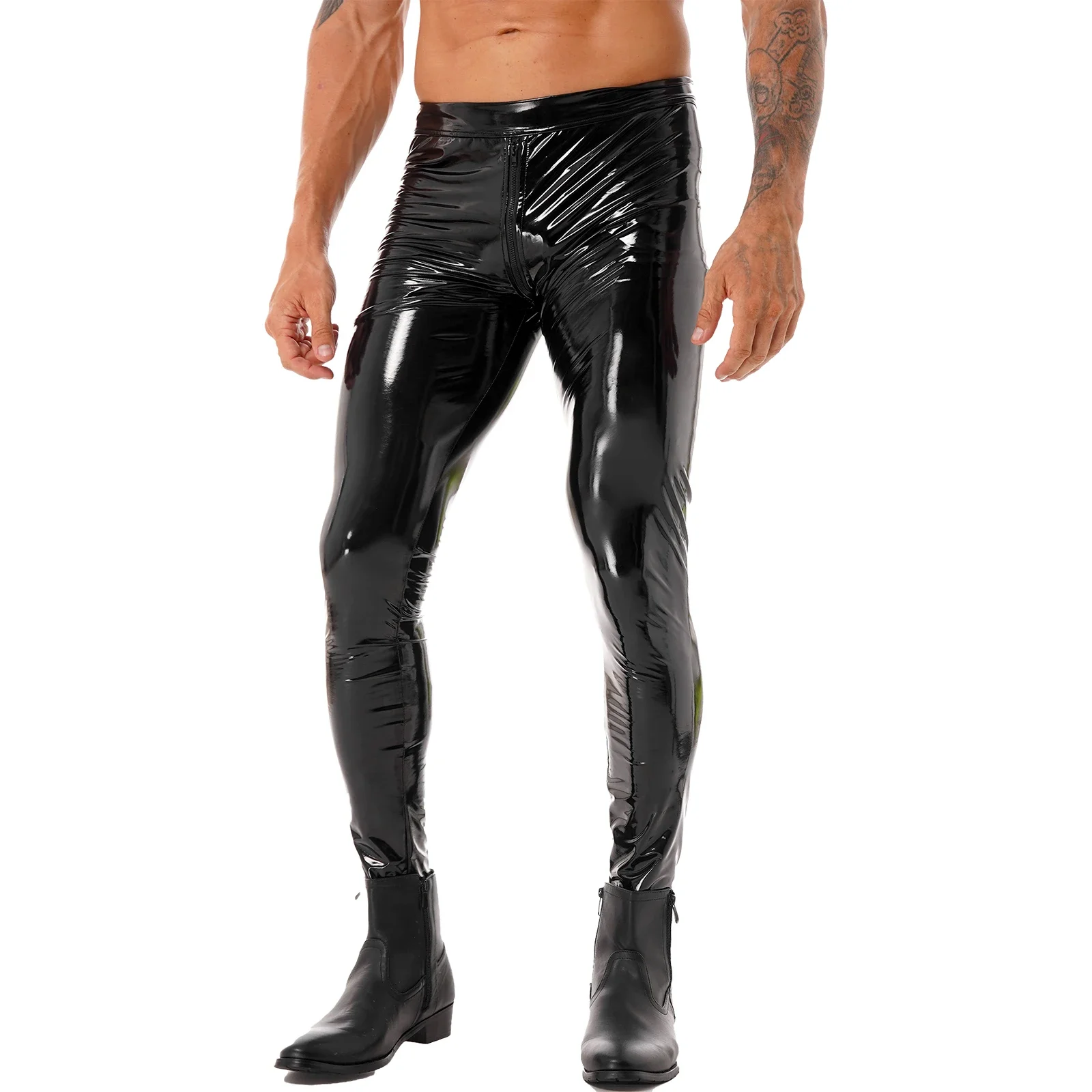 Mens Zipper Crotch Skinny Trousers Clubwear Patent Leather Moto Biker Skinny Pants Leggings Motorcycling Party Tights Pants
