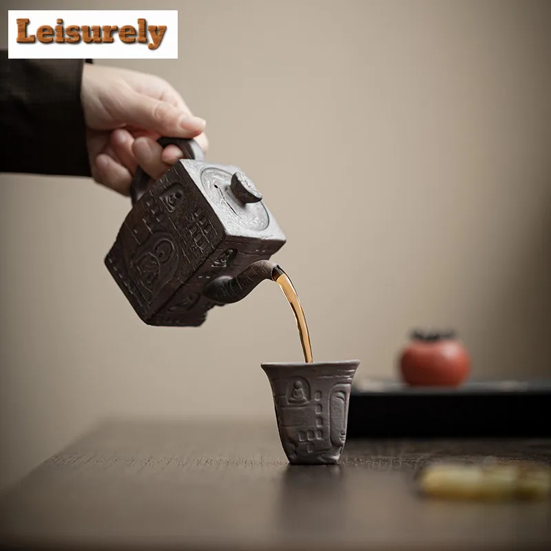 150ml Thousand Buddha Square Teapot Japanese Old Rock Mud Tea Infuser Pot Tea Brewing Kettle With Filter Teaware Collection Gift