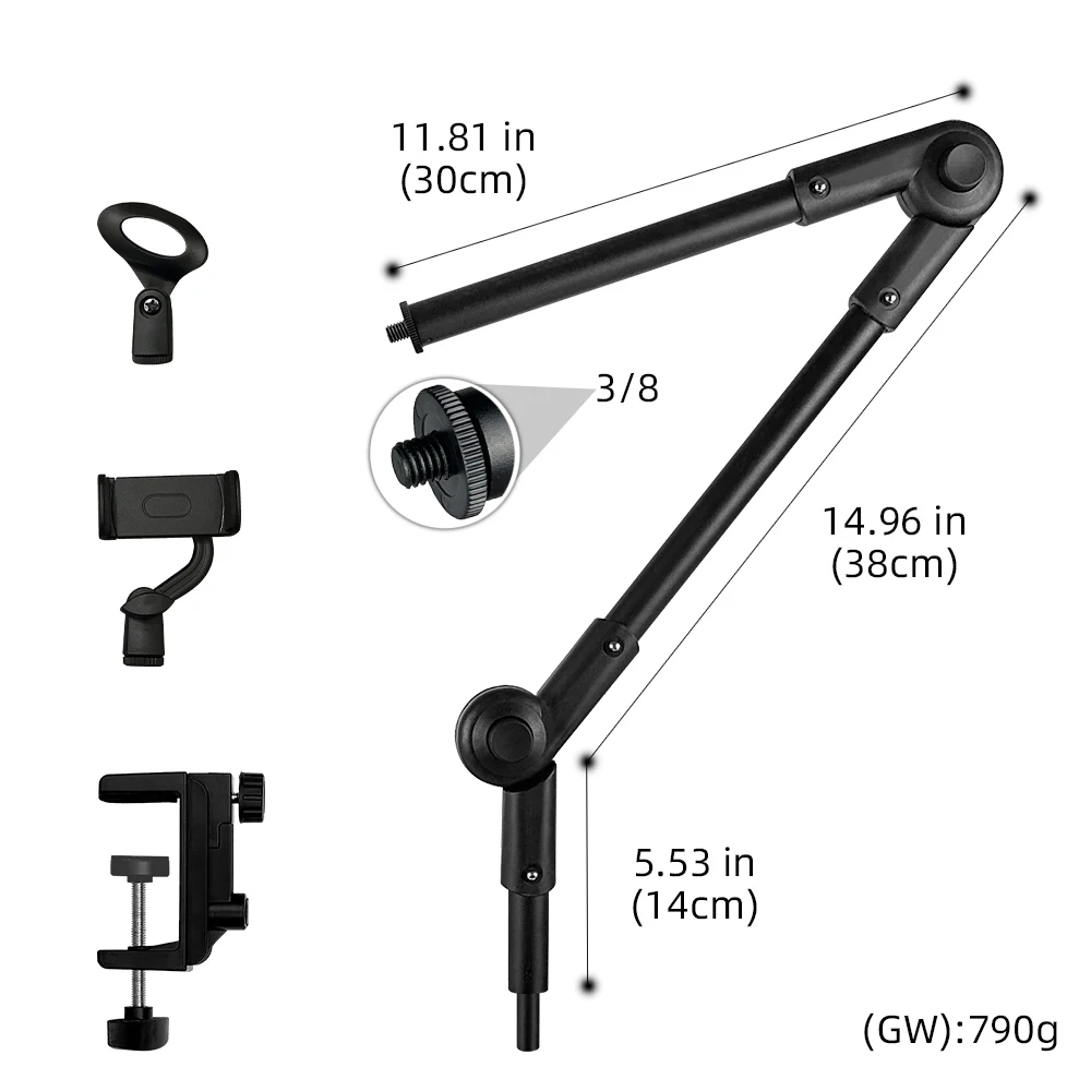3/8인치 표준 인터페이스가 있는 3단 마이크 붐 암 스탠드, 30cm+38cm 연장 암, 데스크탑 클램프 마운트, 마이크 및 휴대폰 겸용, 라이브 스트리밍 및 녹음용 전문 스탠드