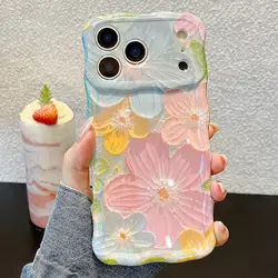 Elegant Retro Oil Painting Floral Wave Case - Glossy, Cute, and Exquisite Design - iPhone 13 Pro Max (Blue)
