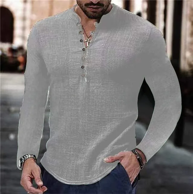 قميص رجالي كتان كاجوال بسيط برقبة على شكل حرف V صي...