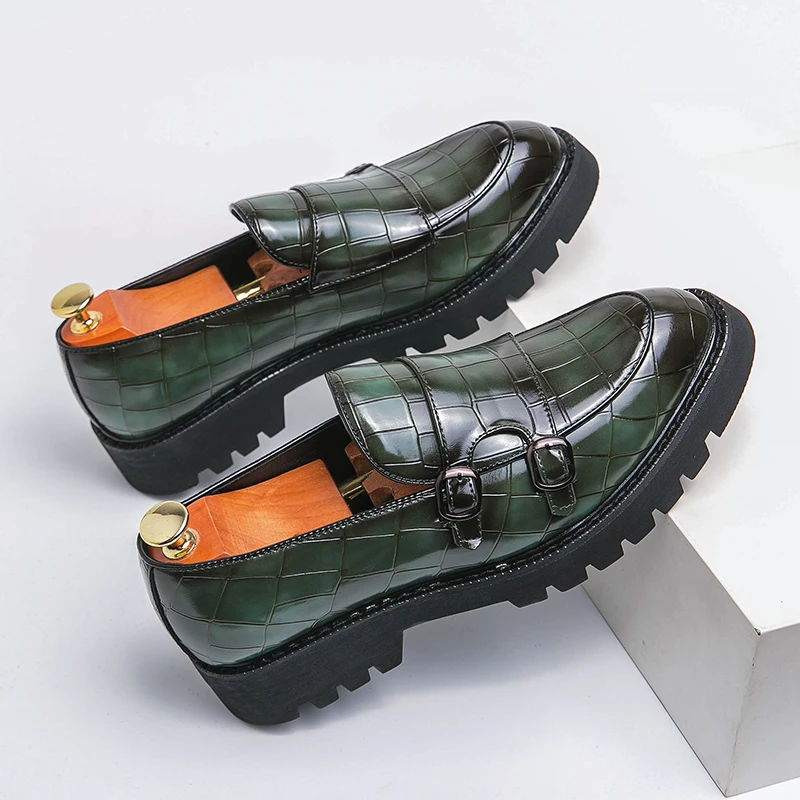Leather Shoes English Style Double Button Loafers Mens Fashion Handmade Thick Bottom Loafers Man Party Wedding Shoes Spring Soft Moccasins