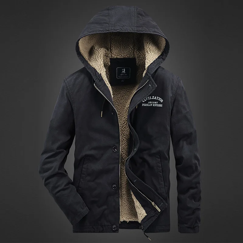 Winter Men's Plush Thickened Hooded Cotton Jacket Fashion Solid Color Casual Versatile Warm Windproof Workwear Cotton Coat