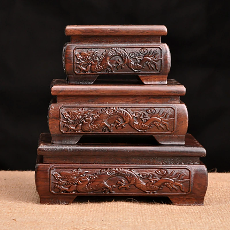 Wooden Square Base Vase, Solid Wood Stone Ornaments, Mahogany Buddha Base