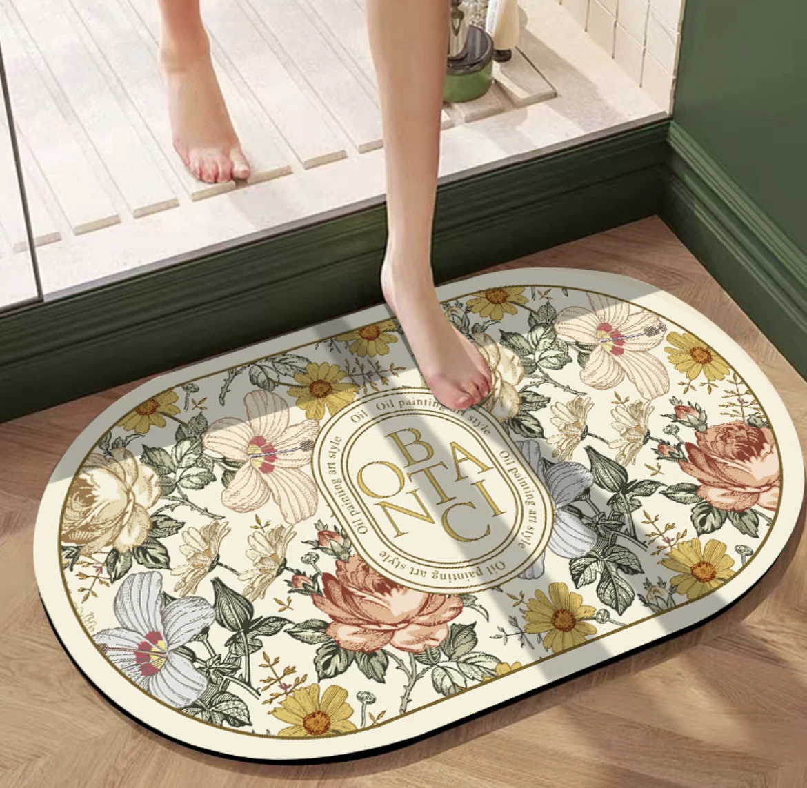 1pc Floral Bathroom Mat, Modern Style Oval-shaped Bath Mat With