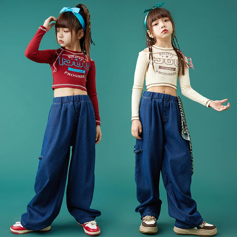

Hip Hop Dancewear For Girls Kpop Jazz Dancing Outfit Long Sleeve Tops Loose Pants Children Street Dance Practice Wear DL10104