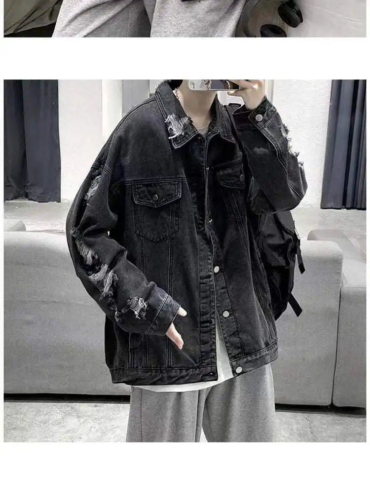 Spring Autumn Ripped Denim Jackets Men's Causal Loose Oversize Handsome High Street Overcoat Men Tops Male Clothes