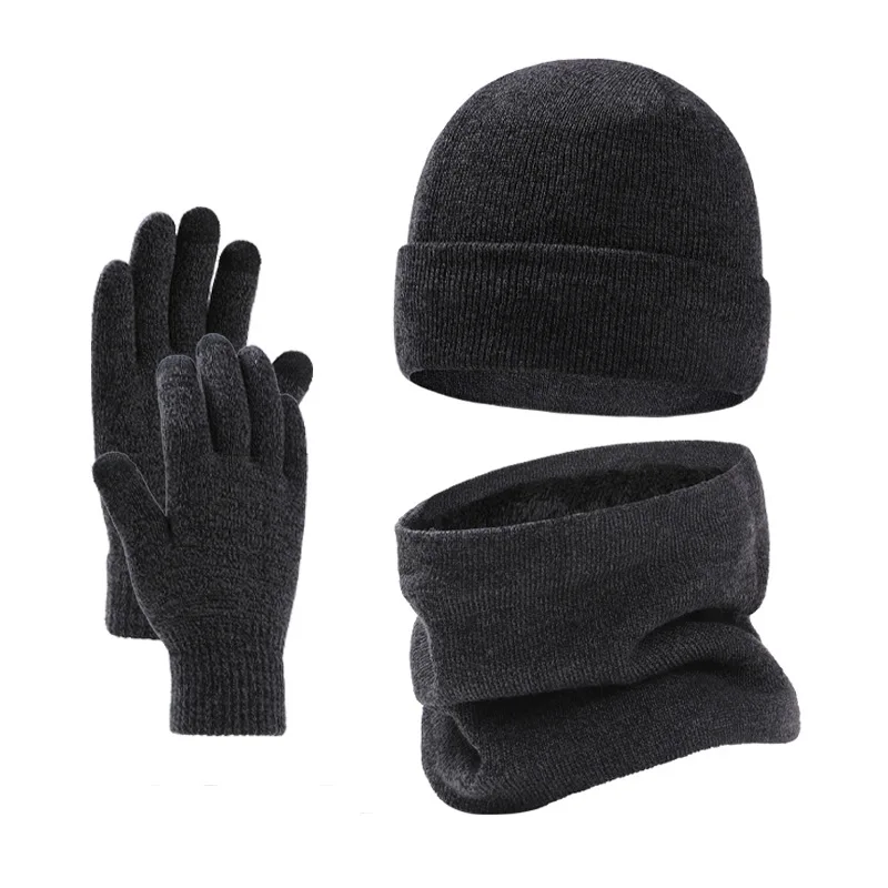 winter-hat-scarf-gloves-three-piece-set-men's-knitted-hat-plus-velvet-winter-woolen-hat-scarf-simple-solid-color