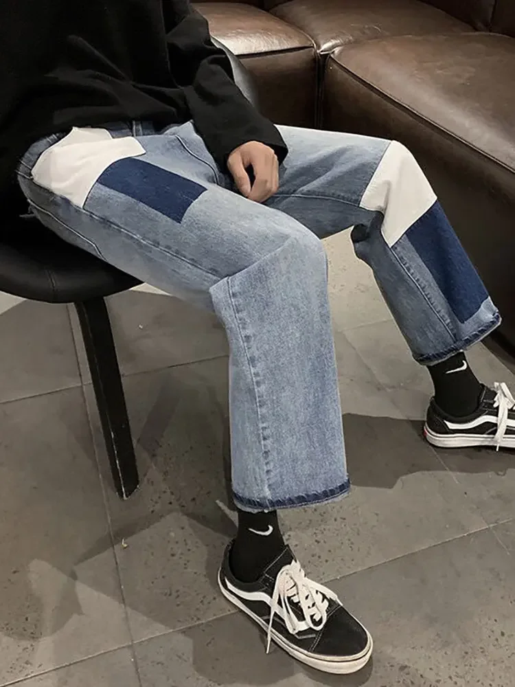 Foufurieux Colorblock Jeans Men Loose Straight Wide-leg Trousers Men  Spring Autumn 2023 Fashion High Street Hip-hop Style Trend 2