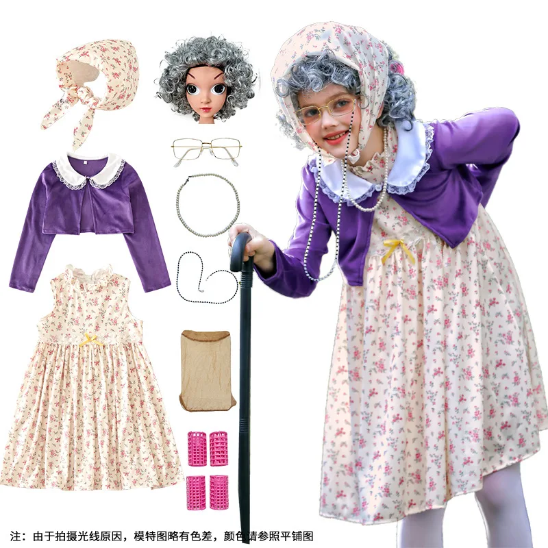 Cosplay Costume Halloween Great grandma cosplay older dress performance costume Kid Halloween with wig glasses