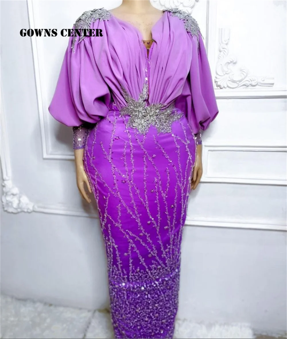 

Light Purple Aso Ebi Evening Dress Puff Long Sleeve Mermaid Formal Dress Women Elegant African Party Gowns Beaded vestidos de lu