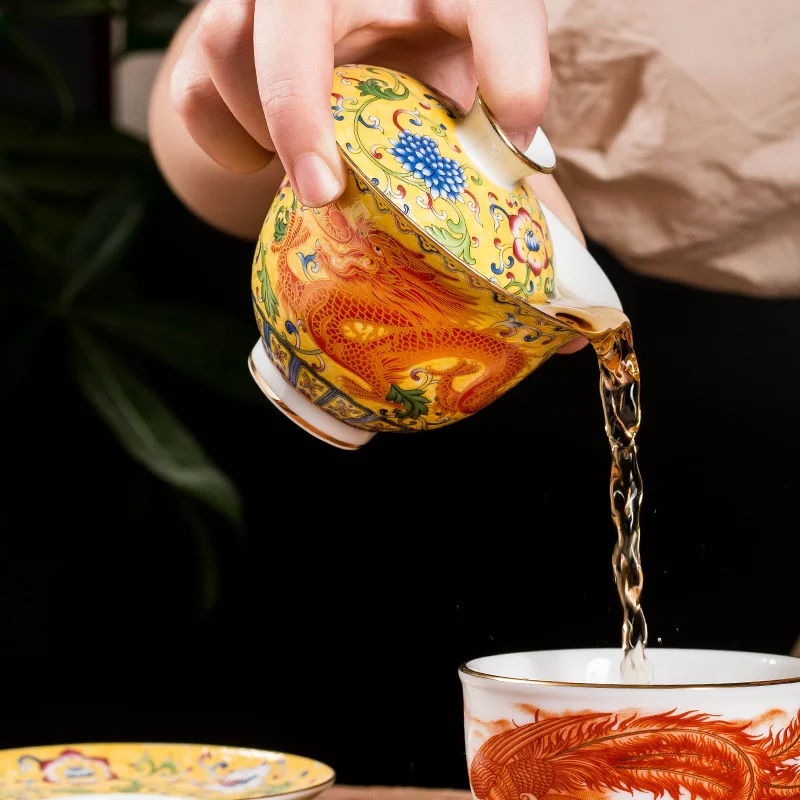 Enamel Color Gaiwan Single Dragon and Phoenix Master Cup, Large Ceramic Household Tea Brewing Bowl, High-End Tea Ceremony Bowl