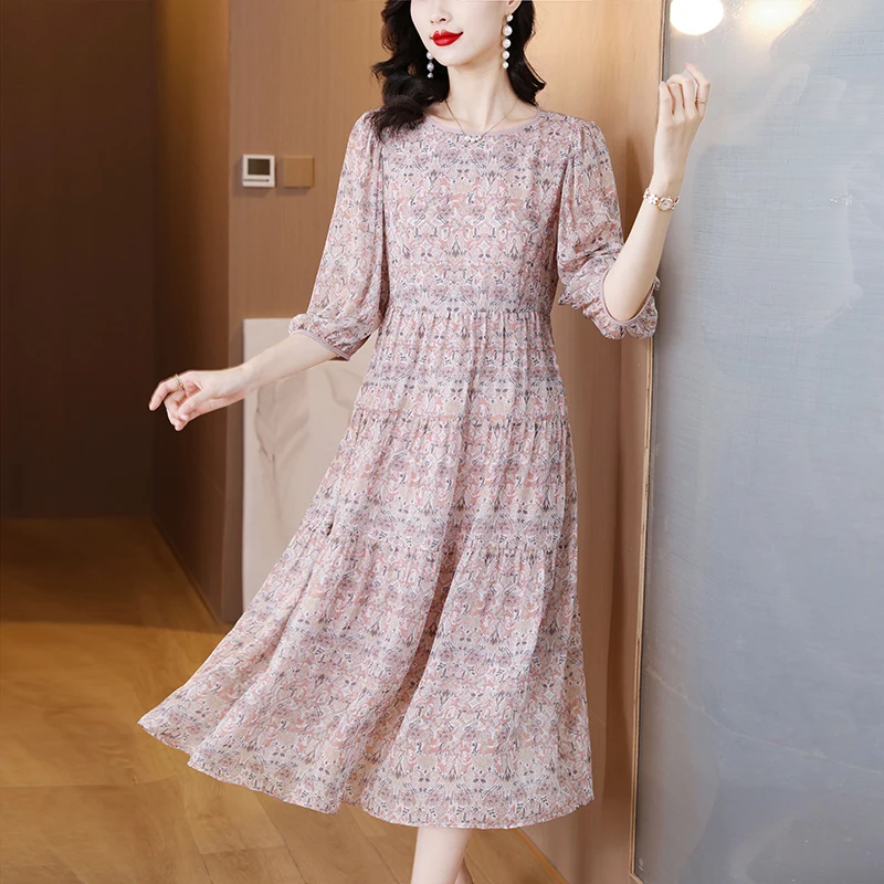 

Summer Pink Floral Silk Casual Beach Long Dress Women Chic Puff Sleeve Bow Ruffled Collar Dresses 2024 Elegant Bodycon Prom Robe