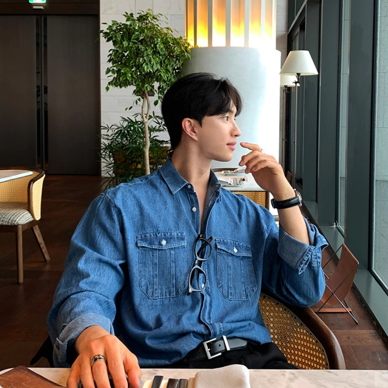 Denim Shirt Autumn Men's Light Luxury Retro Popular Denim Shirt Leisure Long Sleeve Button-down Premium Solid Color Business Pocket Shirt