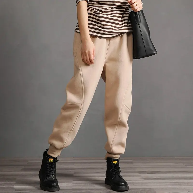 

2023 New Autumn Winter Fashion Women Pants M-4XL Elastic Waist Slim Tie Feet Haren Pants Casual Loose Plush Thicken Warm Trouser